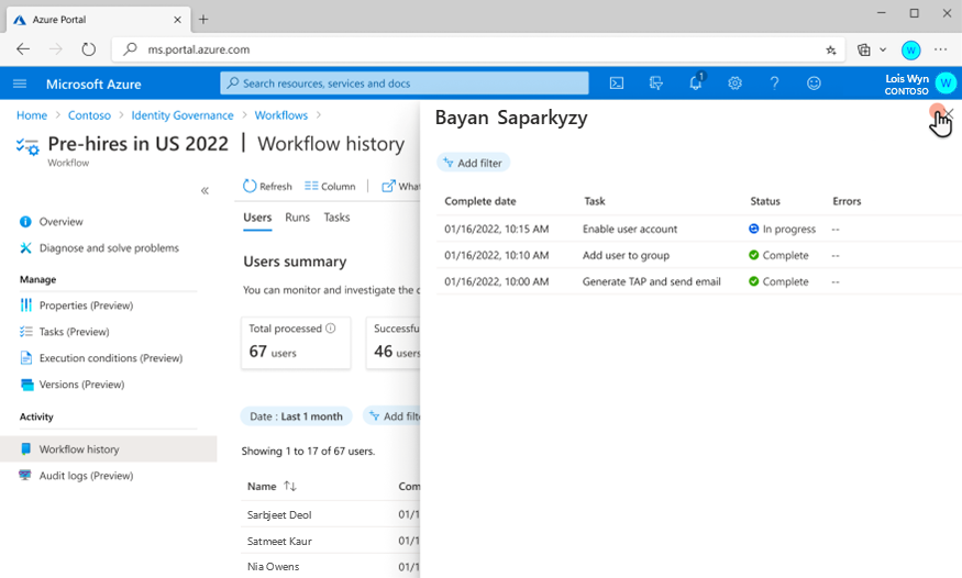 Screenshot of workflow task history status.