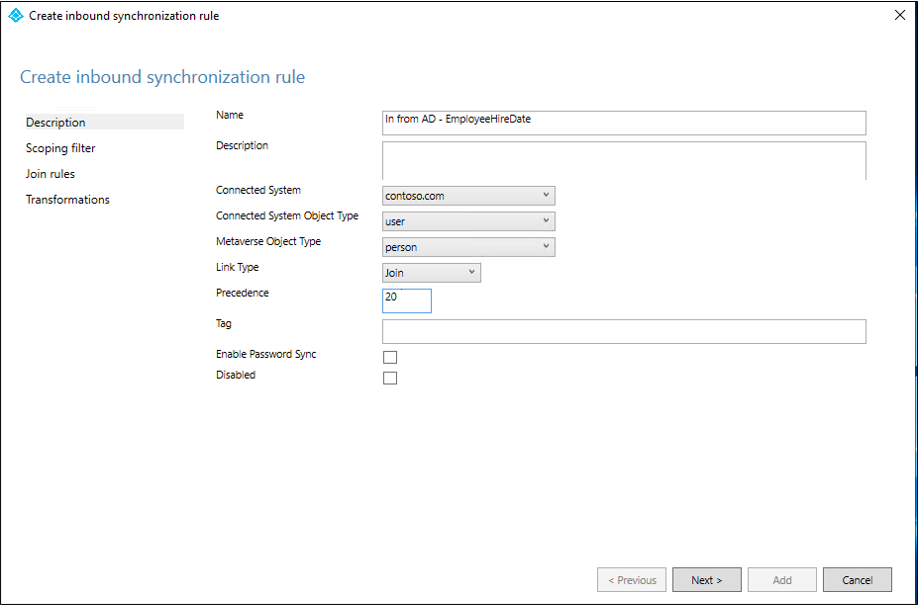 Screenshot of creating an inbound synchronization rule basics.