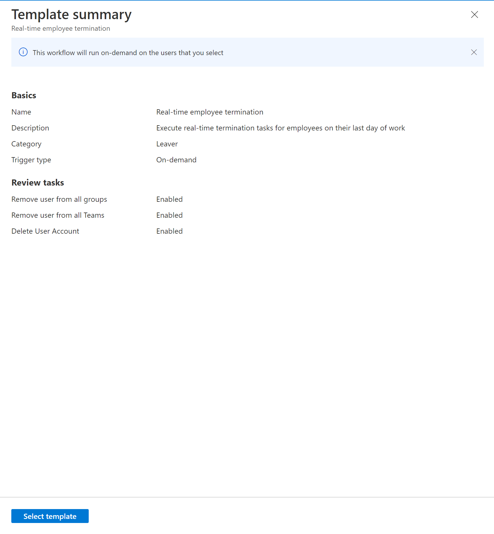 Screenshot of a Lifecycle Workflow real time employee termination template.