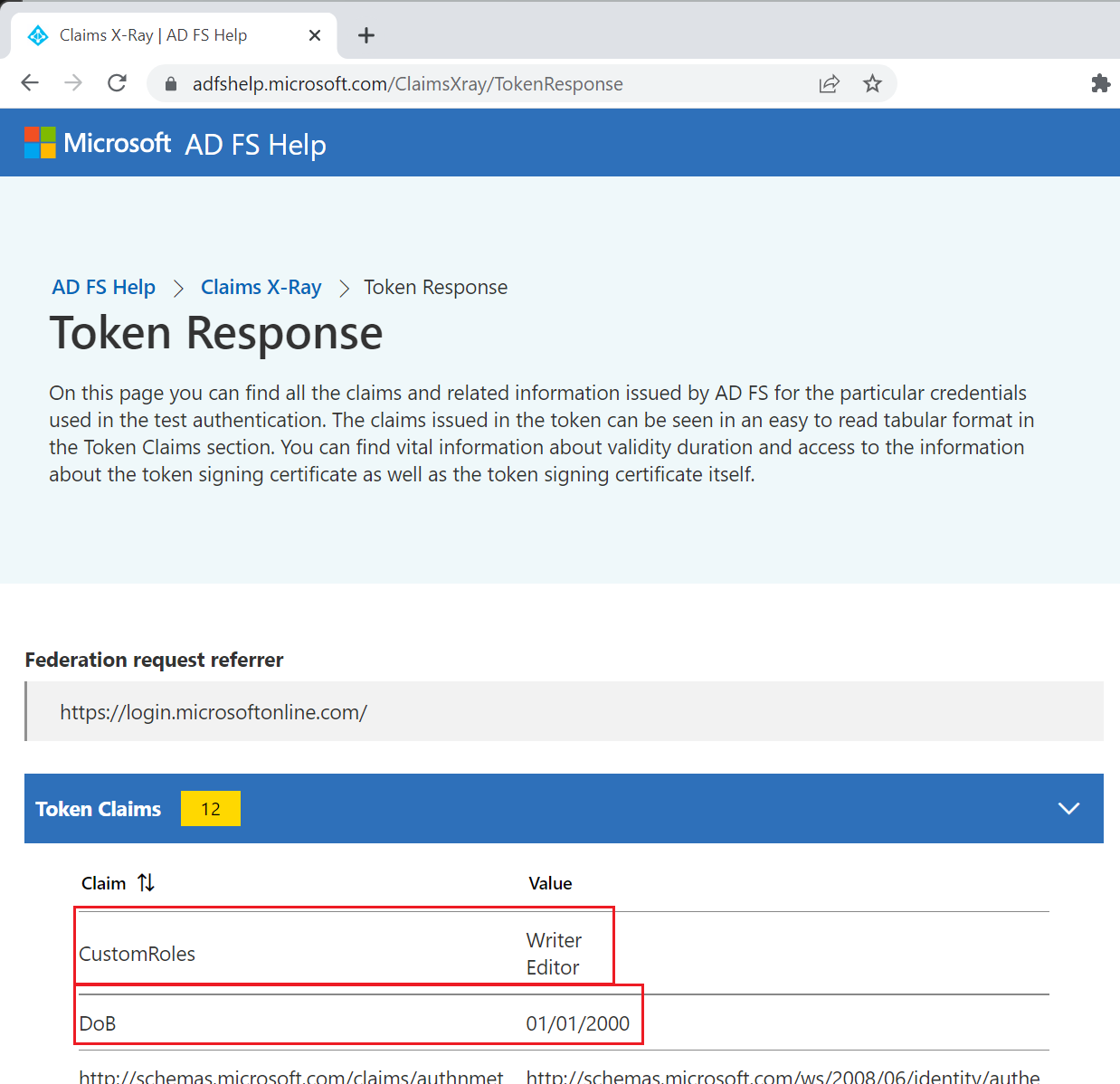 Screenshot that shows the claims from an external source.