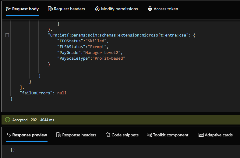 Screenshot of the API request and response of the payload.