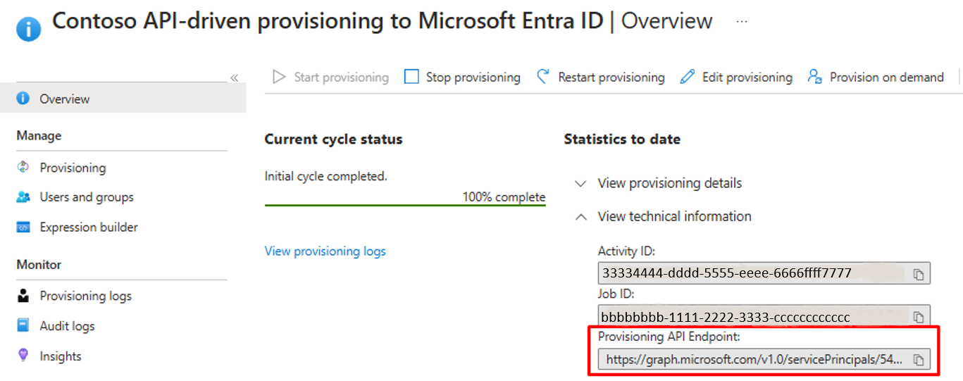 Screenshot of the Provisioning API endpoint of the payload.