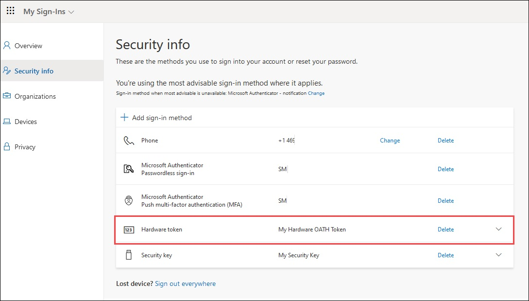 Screenshot of a hardware OATH token in Security info.