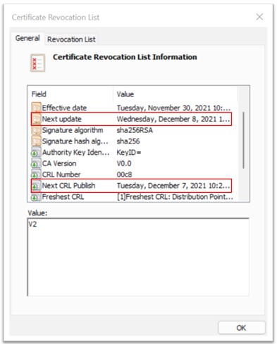 Screenshot of the revoked user certificate in the CRL.