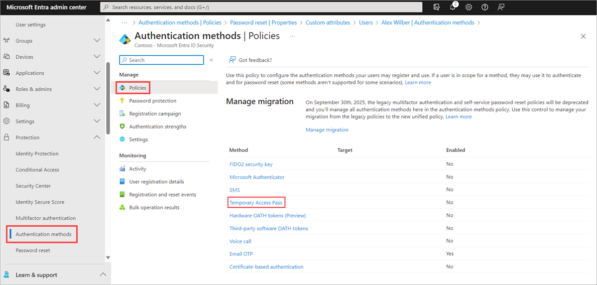 Screenshot of how to manage Temporary Access Pass within the Authentication methods policy experience.