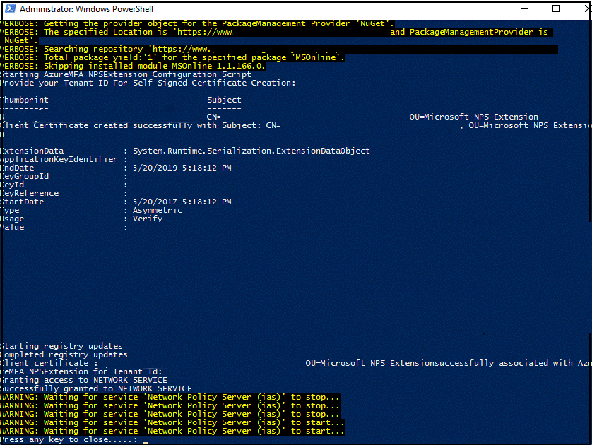 PowerShell window showing Self-signed certificate