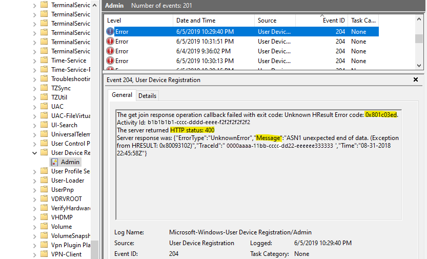 Screenshot of Event Viewer, with event ID 204 selected and its error code, H T T P status, and message highlighted.