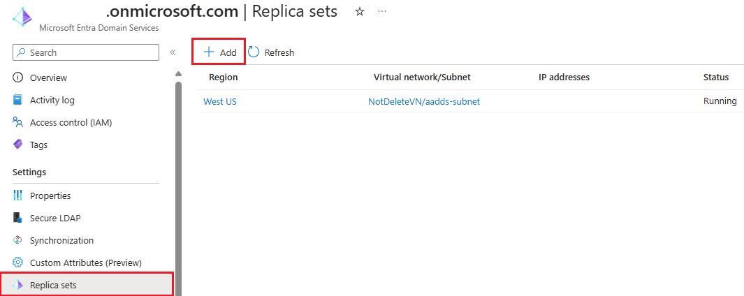 Example screenshot to view and add a replica set in the Microsoft Entra admin center