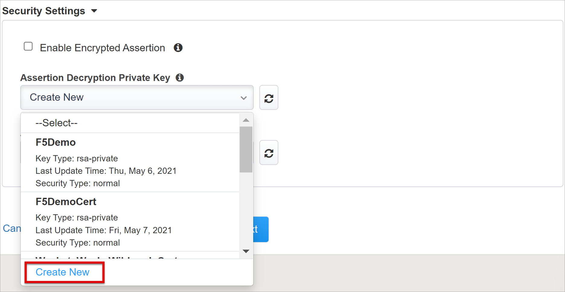 Screenshot Create New in the Assertion Decryption Private Key list.