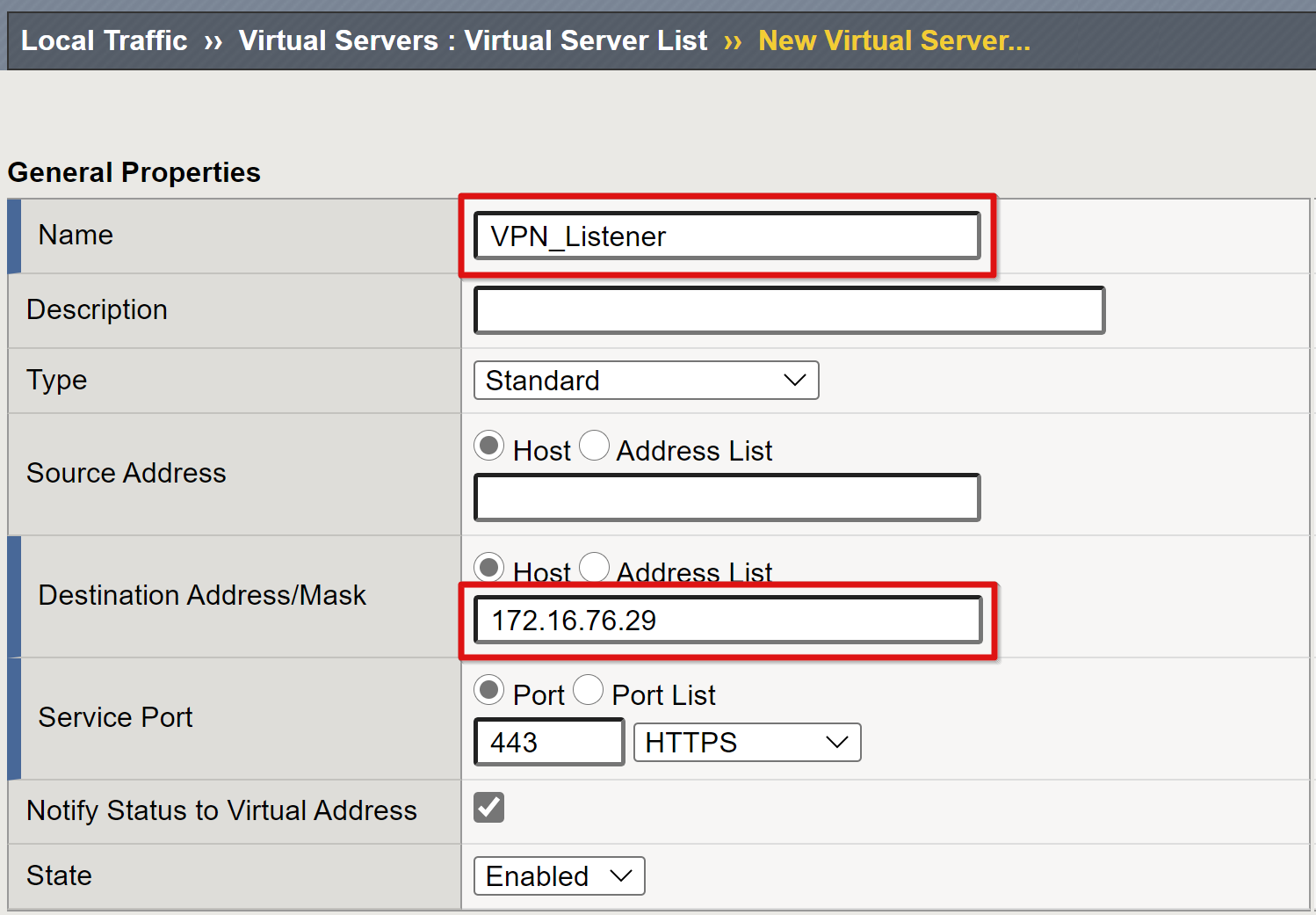 Screenshot of Name and Destination Address or Mask entries on General Properties.