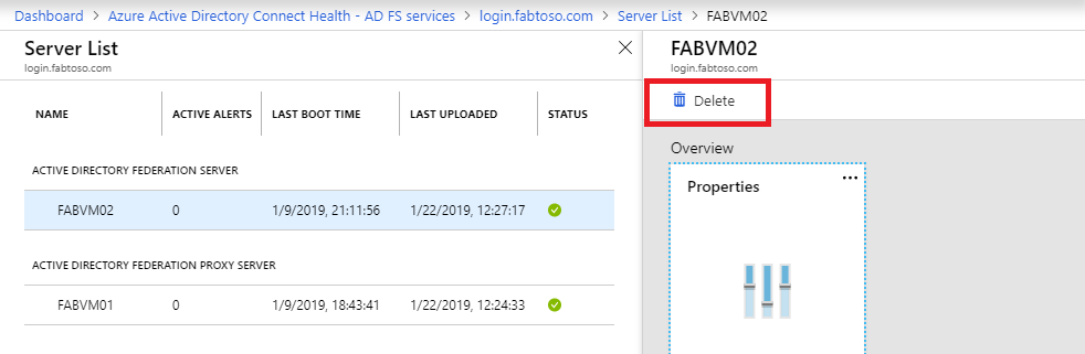 Screenshot of Microsoft Entra Connect Health delete server