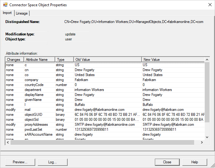 Screenshot of the Connector Space Object Properties window, with the Import tab selected