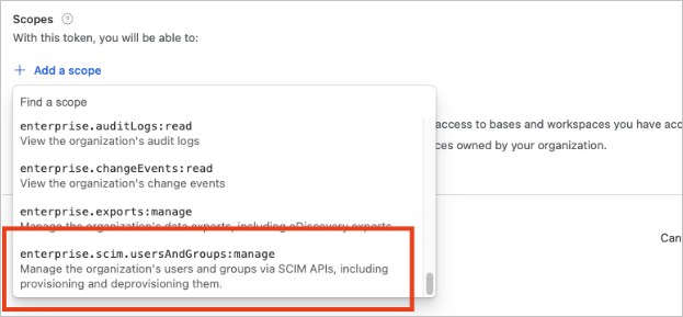 Screenshot of enterprise scim scope addition.