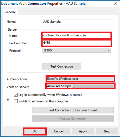 Screenshot shows Document Vault Connection Properties where you can enter the values described.