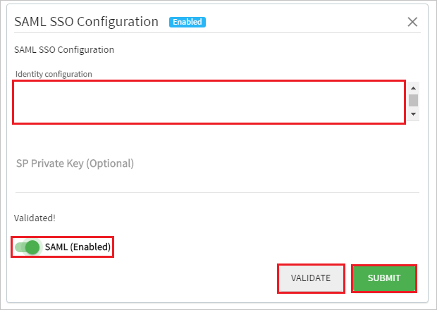 Screenshot shows SAML S S O Configuration with SAML enabled.