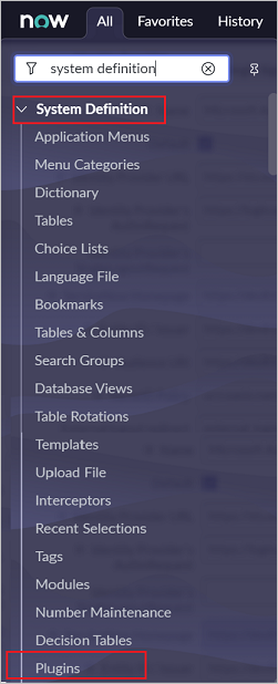 Screenshot of System Definition section, with System Definition and Plugins highlighted