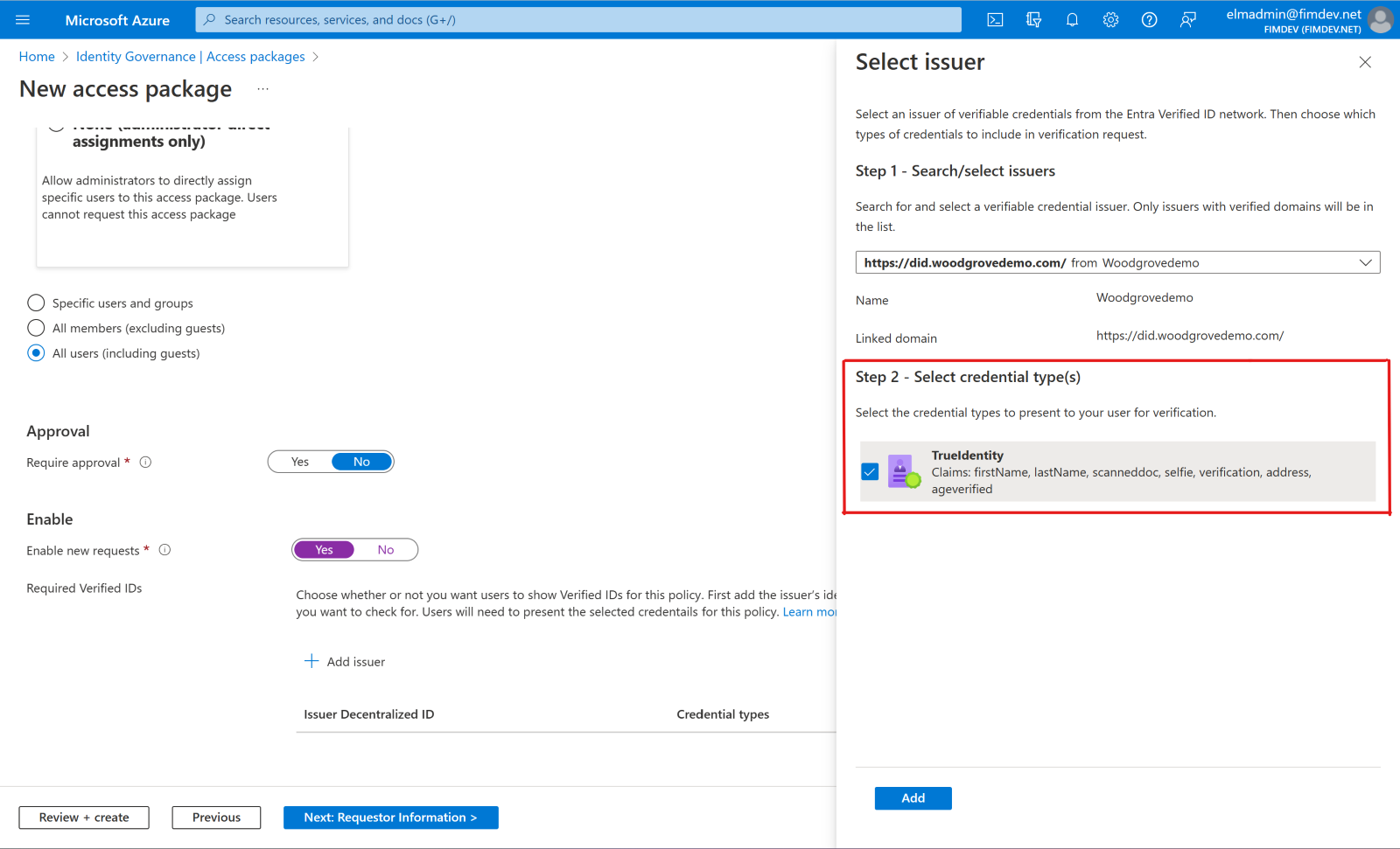 Screenshot that shows the area for selecting credential types for an access package.