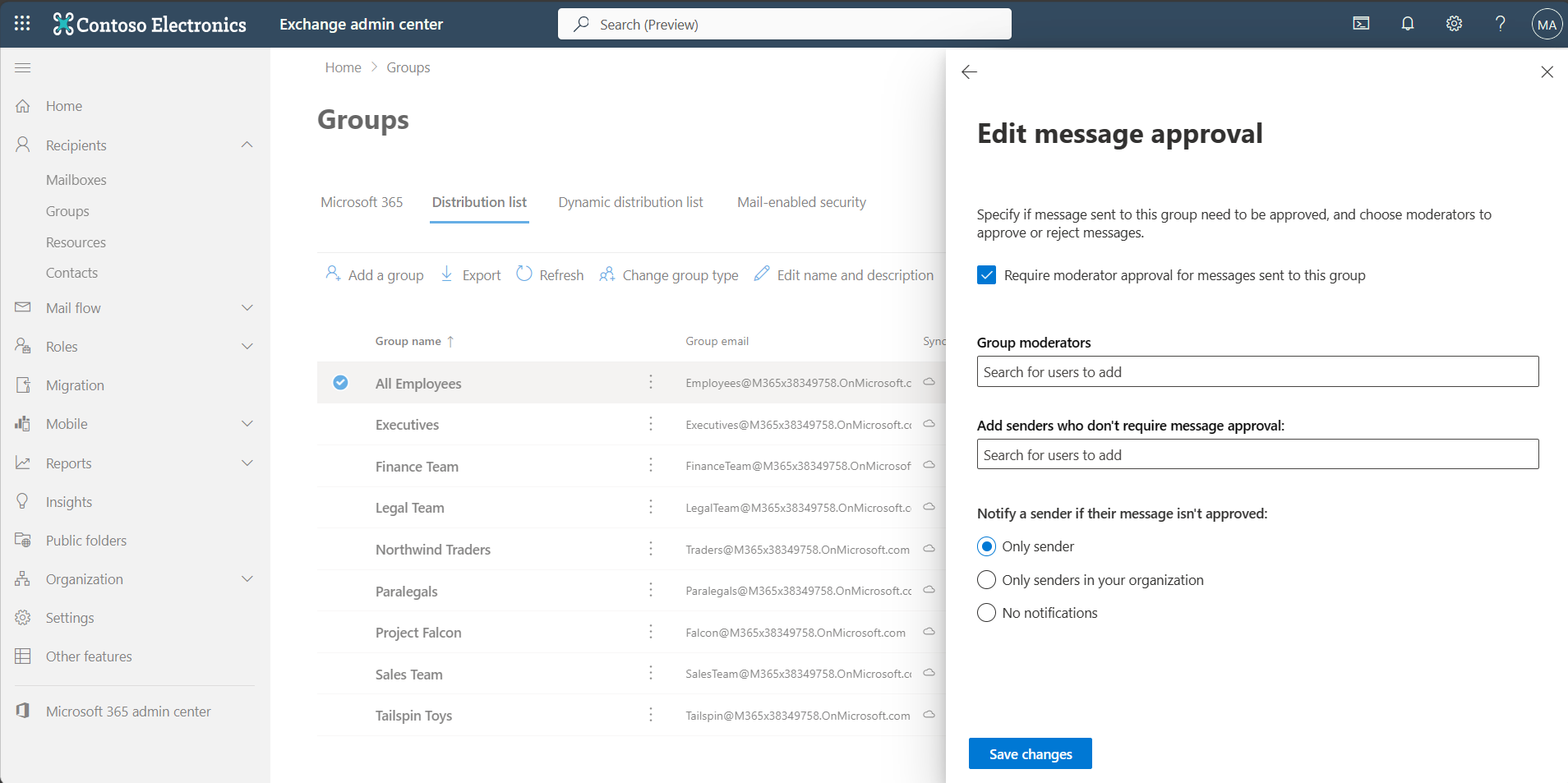 Message approval settings for a distribution group.