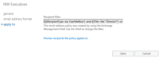 Appy to tab in email address policies in the EAC when custom recipient filters are used.