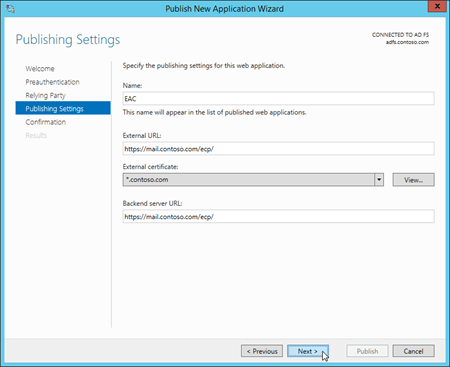 Publishing settings for the EAC on the Relying Party page in the Publish New Application Wizard on the Web Application Proxy server.