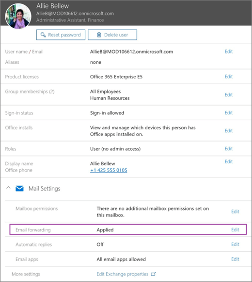 Skjermbilde av brukerprofilsiden. Videresending av e-post er satt til verdien Brukt, og et redigeringsalternativ er tilgjengelig.