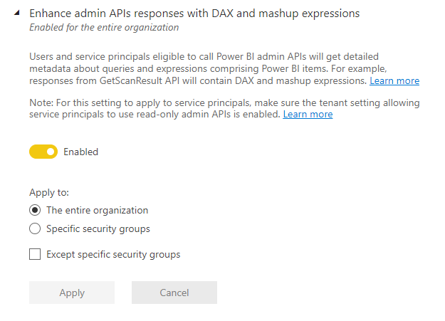 Skjermbilde av forbedre administrator-API-svar med leierinnstilling for DAX- og mashup-uttrykk.