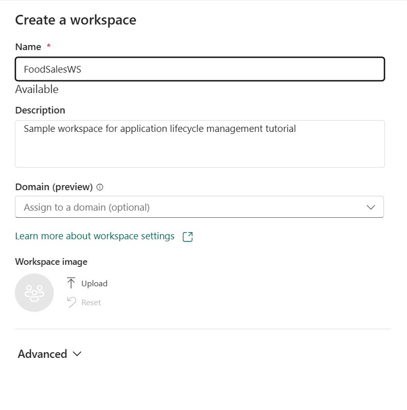 Skjermbilde av nytt arbeidsområde med navn. Navnet er FoodSalesWS.