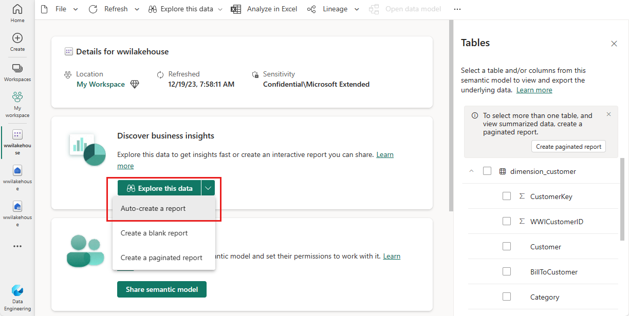 Skjermbilde av siden for semantiske modelldetaljer, som viser hvor du velger Opprett en rapport.