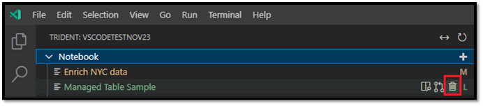 Skjermbilde av VS Code Explorer, som viser hvor alternativet Slett notatblokk vises.