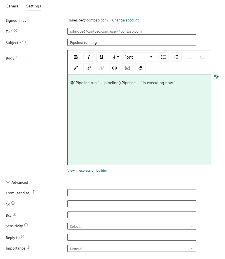 Skjermbilde som viser aktivitetsinnstillinger-fanen i Office 365 Outlook etter pålogging, med rullegardinlisten Legg inn alternativer utvidet for å vise de tilgjengelige alternativene.