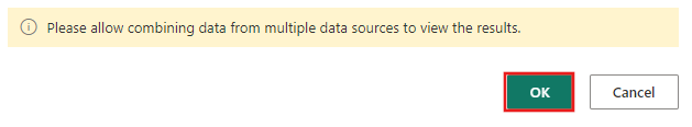 Skjermbilde som viser forespørselen om å godkjenne kombinasjon av data fra flere datakilder, med OK-knappen uthevet.