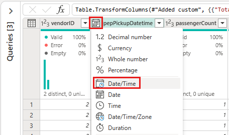 Skjermbilde som viser valget av datatypen Dato/klokkeslett for IpepPickupDatetime-kolonnen.