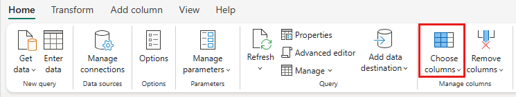 Skjermbilde som viser Velg kolonner-knappen på Hjem-fanen i redigeringsprogrammet for dataflyt.