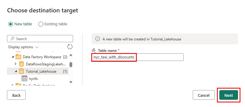 Skjermbilde som viser dialogboksen Velg målmål med tabellnavn nyc_taxi_with_discounts.