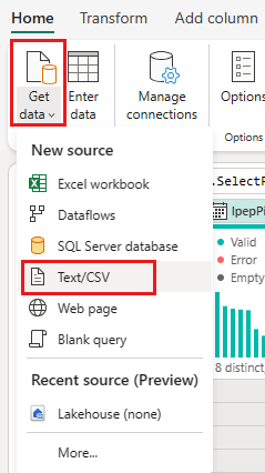 Skjermbilde som viser utvalget av Hent data-menyen fra Hjem-fanen, med Tekst/CSV uthevet.