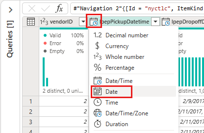 Skjermbilde som viser valget av datatypen Dato for IpepPickupDatetime-kolonnen.