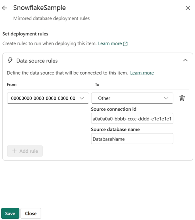 Skjermbilde av konfigurering av en datakilderegel for kildedatabasetilkoblingen.