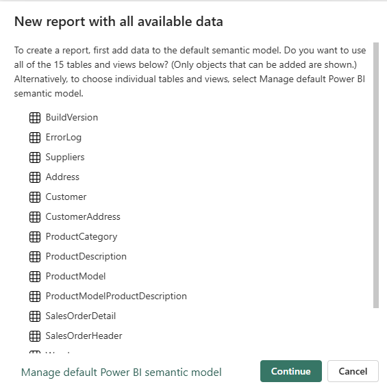 Skjermbilde av Ny rapport med alle tilgjengelige datavinduer.