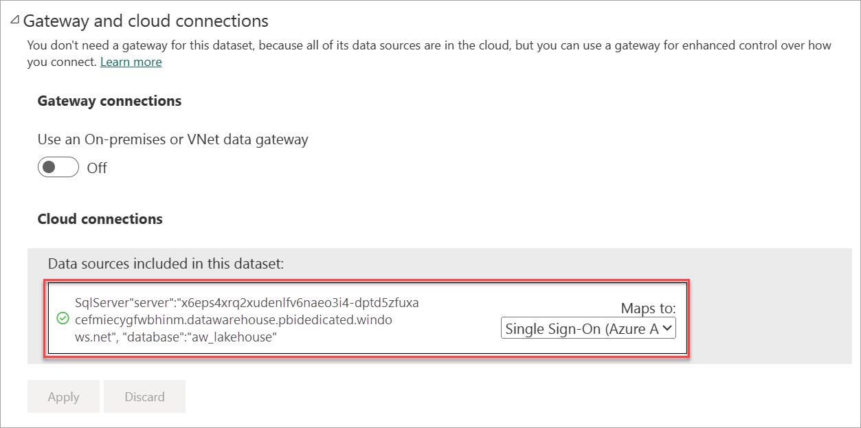 Screenshot of Direct Lake model settings.