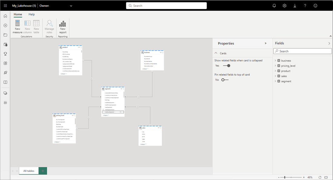 Skjermbilde som viser nettmodellering i Power BI.