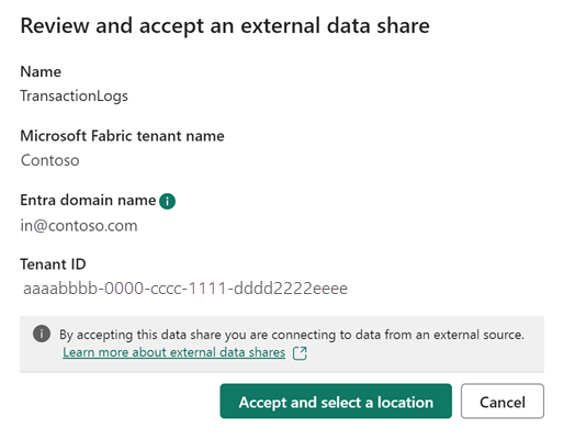 Skjermbilde som viser gjennomgang av eksterne data og godta dialogboks for deling av eksterne data.