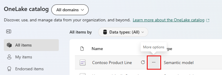Skjermbilde av alternativmenyen for et element i OneLake-katalogen.