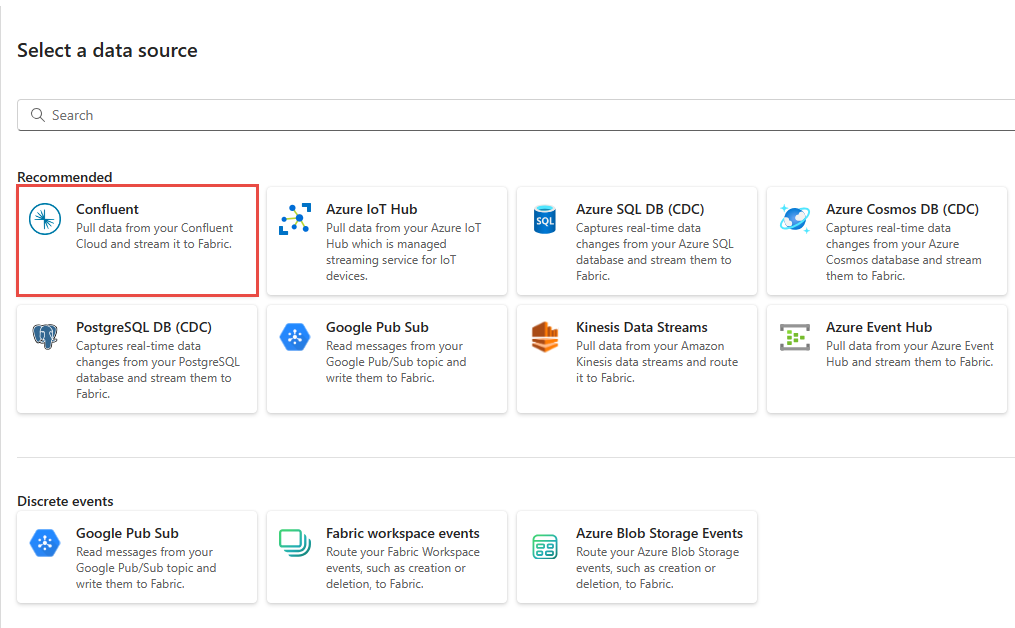 Skjermbilde som viser valget av Confluent som kildetype i hent hendelsesveiviseren.