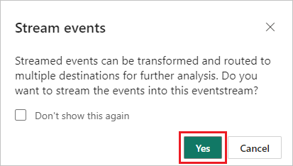 Et skjermbilde av popup-bekreftelsen for strømming av hendelser.