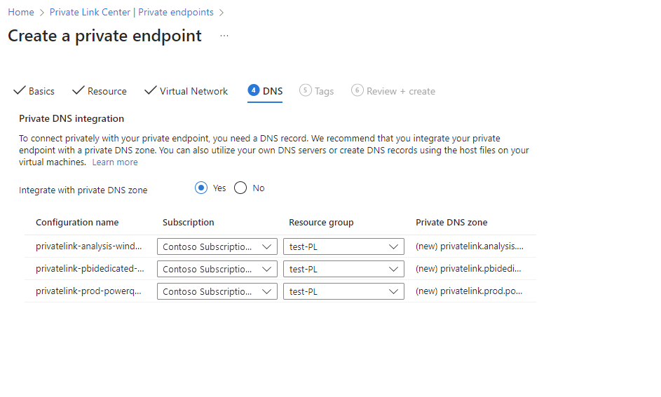 Skjermbilde av DNS-vinduet opprett privat endepunkt.