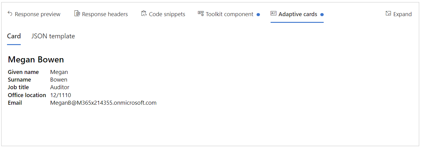 Screenshot of the adaptive cards tab in Graph Explorer with the response details highlighted