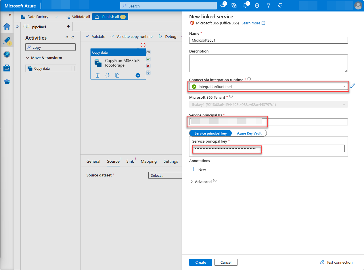 A screenshot of the Azure portal Data Factory service page with the service principal key configured.