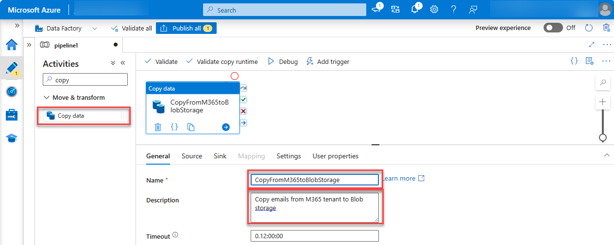 A screenshot of the Azure portal Data Factory service page with the Copy data, Name, and Description fields highlighted.