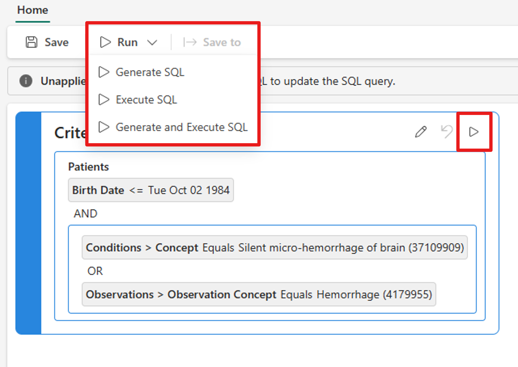 A screenshot displaying the run query dropdown list on the toolbar and the run query button on the criteria canvas.