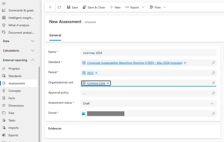 Screenshot of creating an assessment for CSRD.